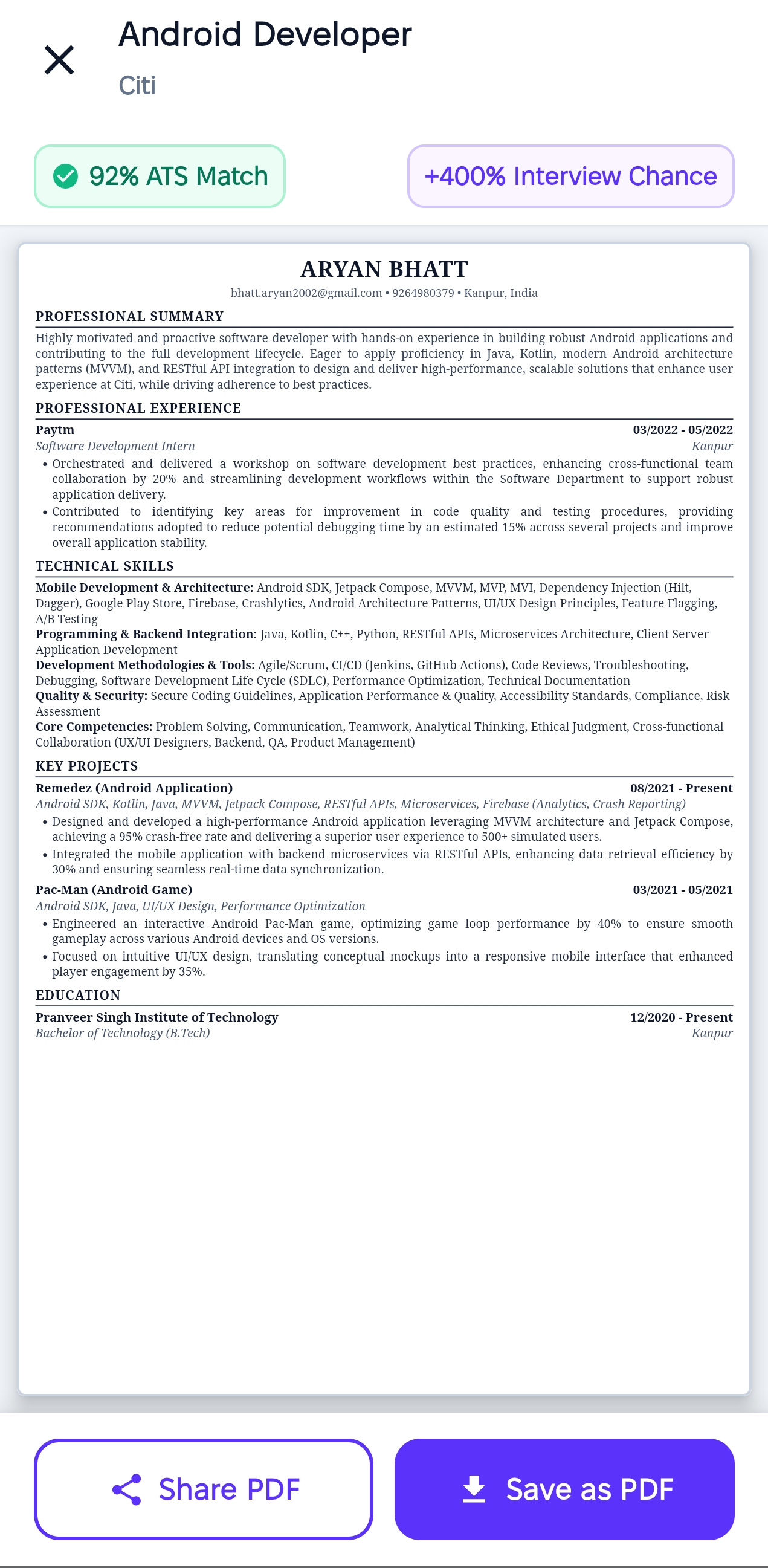 FirstHire Resume Tailor Screen